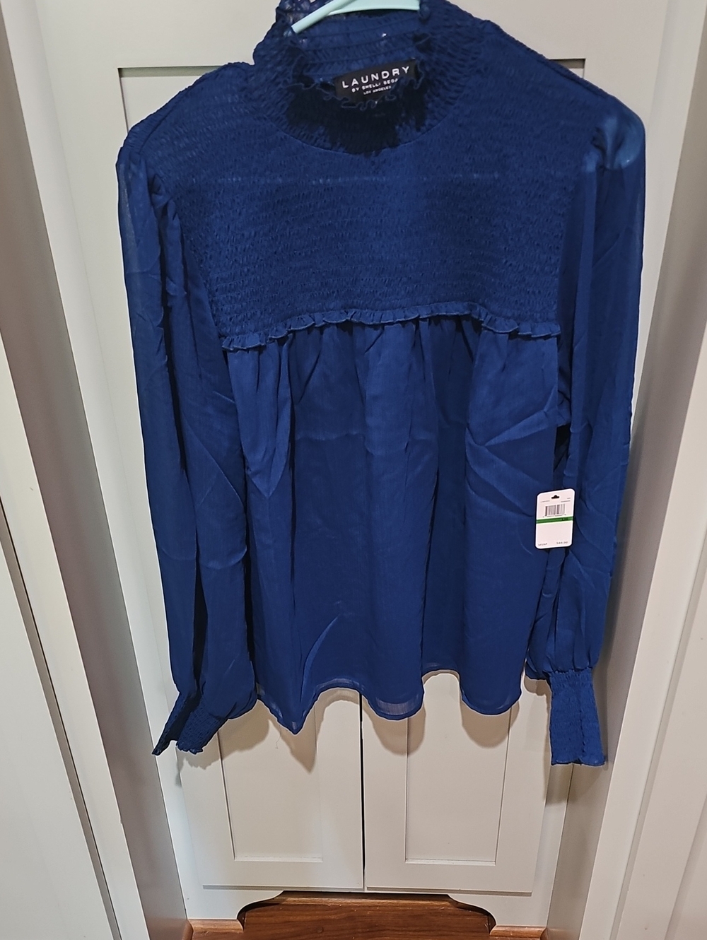 Laundry By Shelli Segal Navy Blue Smocked Yoke Long Sleeve Top